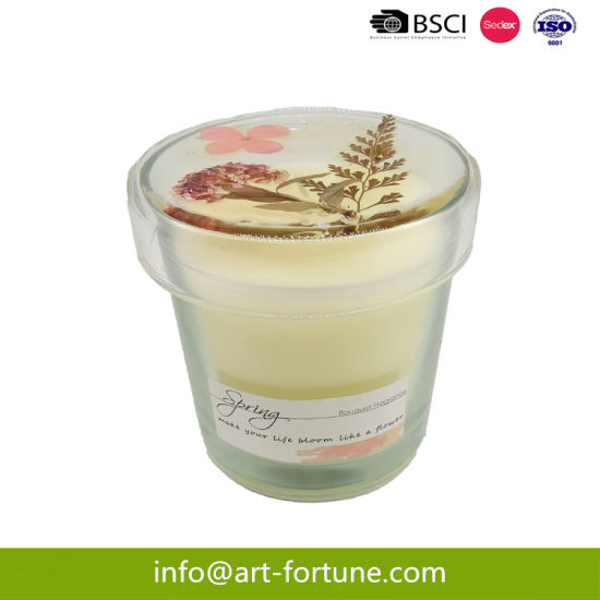 China Factory Wholesale Clear Glass Handpoured Scented Candle with Plant Lid for Home Decor